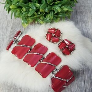 Red  Vintage Thermoset Panel Bracelet & Earrings Set